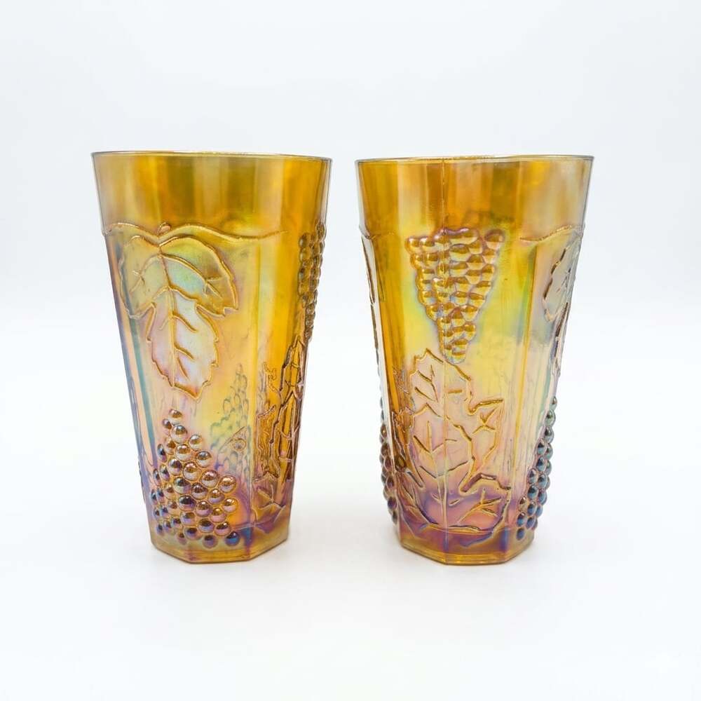 Vintage Marigold Indiana Carnival Glass Grape and Leaf Pattern Tumblers, Set of